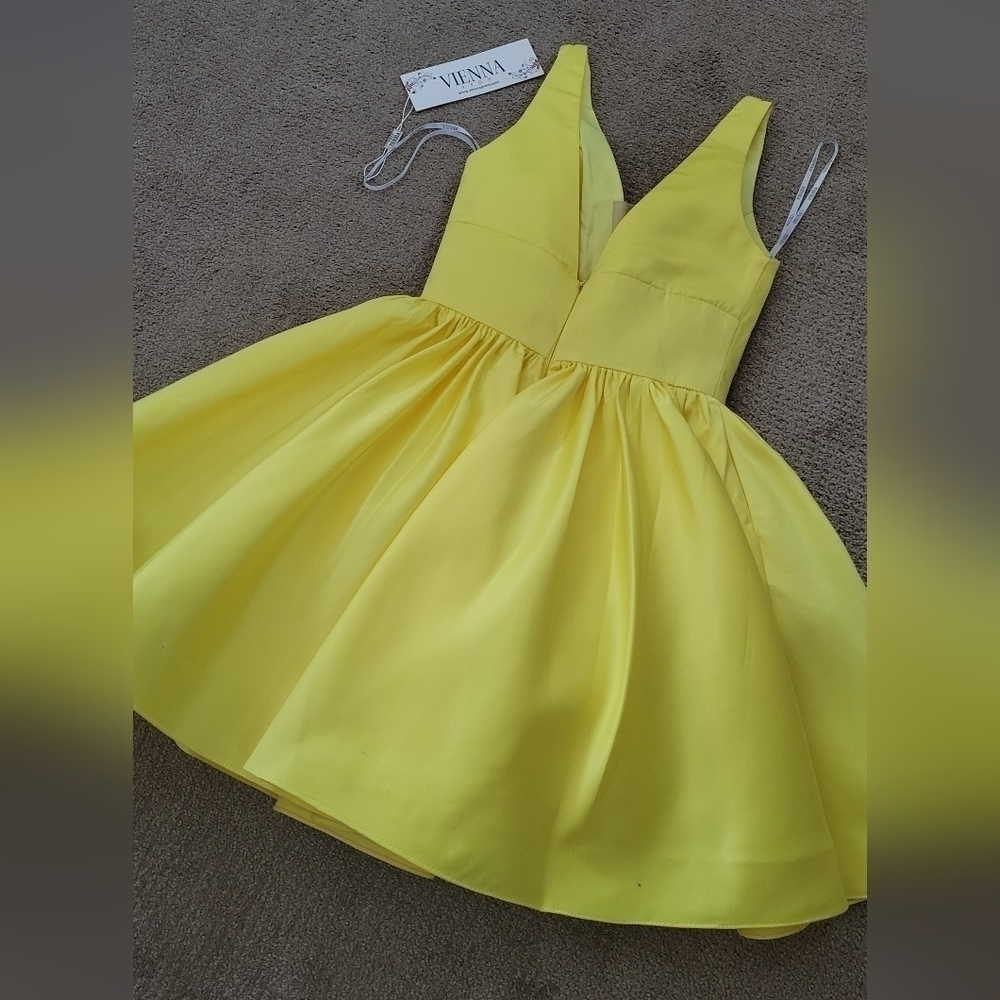 Vienna Prom A Line V Neck Dress w Pleated Full Skirt, Mesh Insert, Several Flaws - Picture 7 of 16